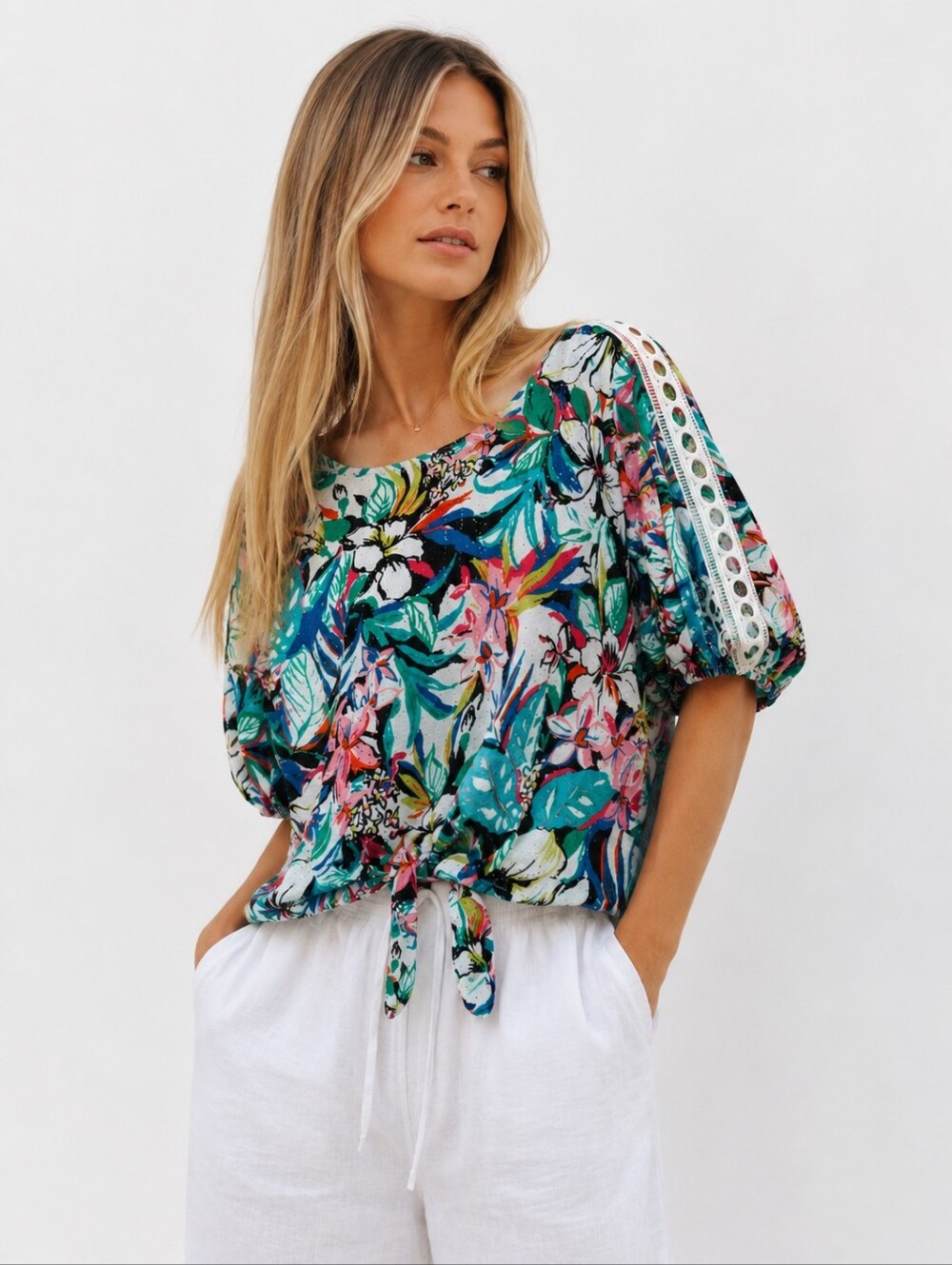 Floral Tie-Hem Women's Top - Teal Multicolor